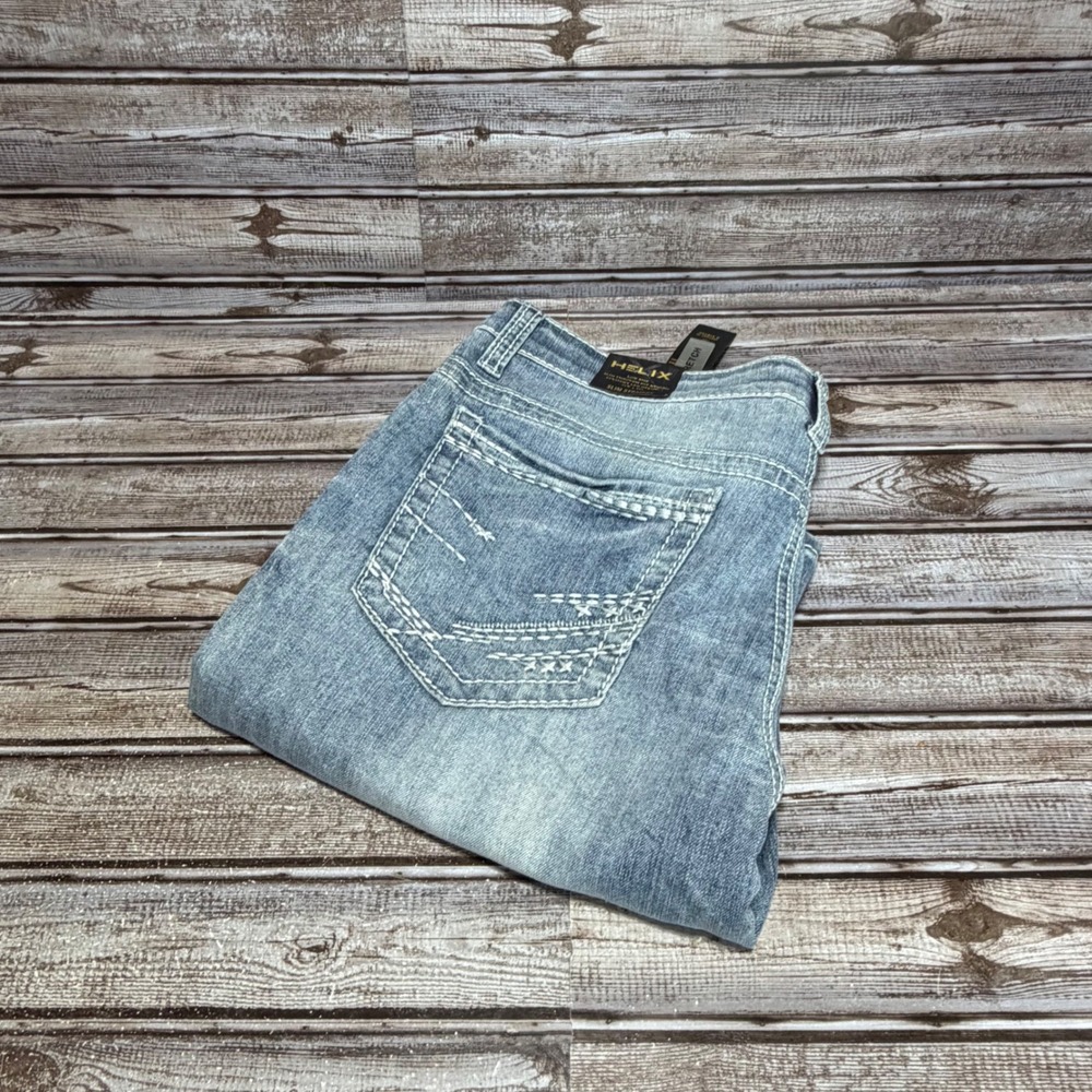 Helix‎ Slim Straight Jeans Mens 34W x 34L Blue Low Rise Stretch Distressed Wash